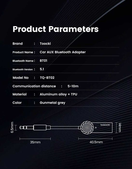 Адаптер Bluetooth 5.1 до 3,5-мм розєму AUX Toocki, сірий (TQ-BT02GREY)