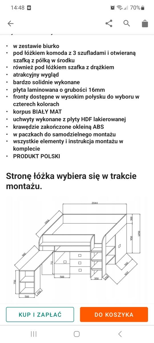 Łóżko piętrowe z materacem i krzesłem do biurka