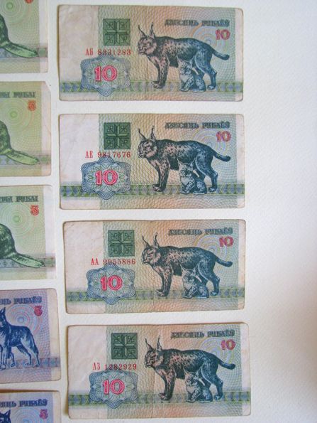 Белорусские рубли "зайчики" 1992 г., лот из 15-ти банкнот