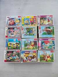 12x Mini Puzzle Trefl Auta Mickey Kubuś Puchatek Psi Patrol Minionki