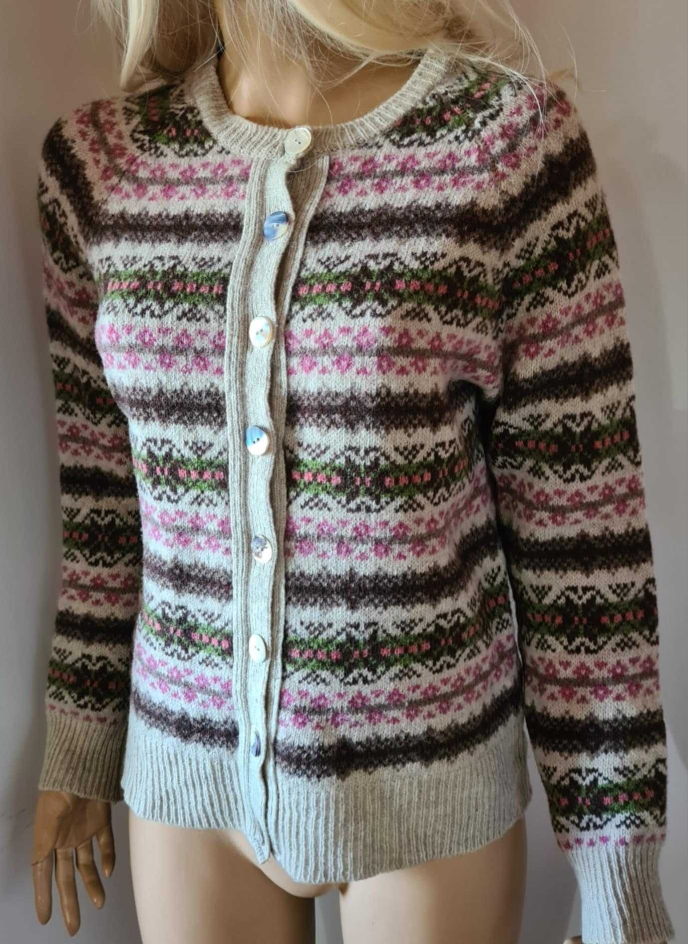 Brora sweter wełniany 100% wełna wzorzysty wzorki święta perłowe guzik