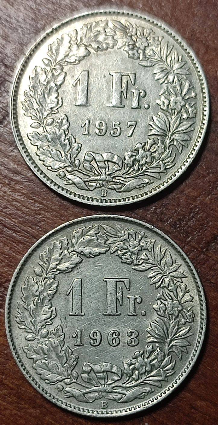 1 frank szwajcarski 1957 i 1963 B srebro 835