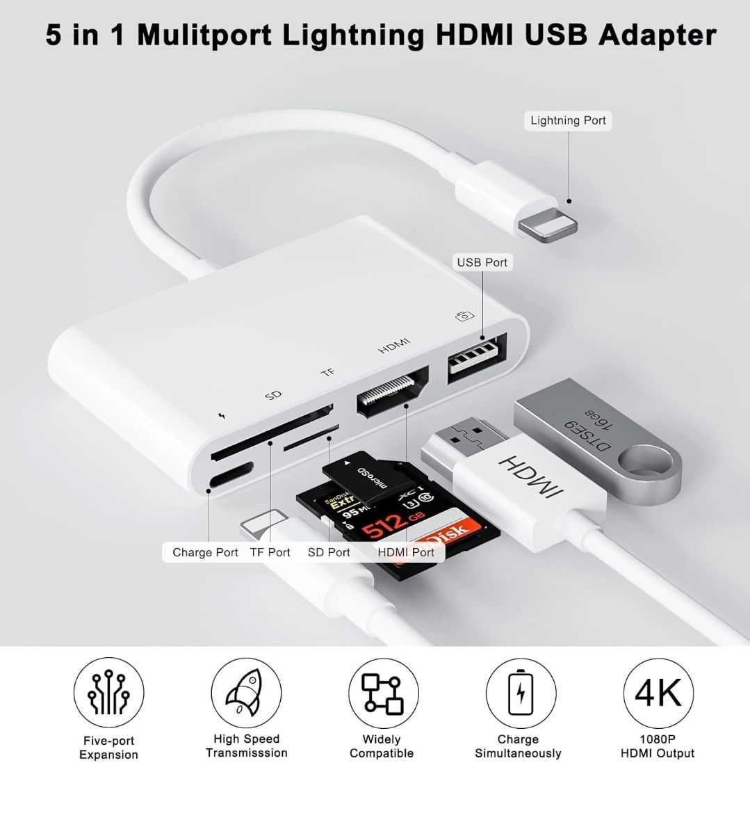 Adapter wielofunkcyjny 5 w 1 iPhone na HDMI USB