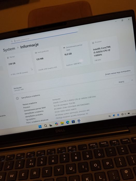 #3106 Dell Latitude 7400 i5-8265U 16GB 256SSD DOTYK FV23 GW12 NOWA BAT