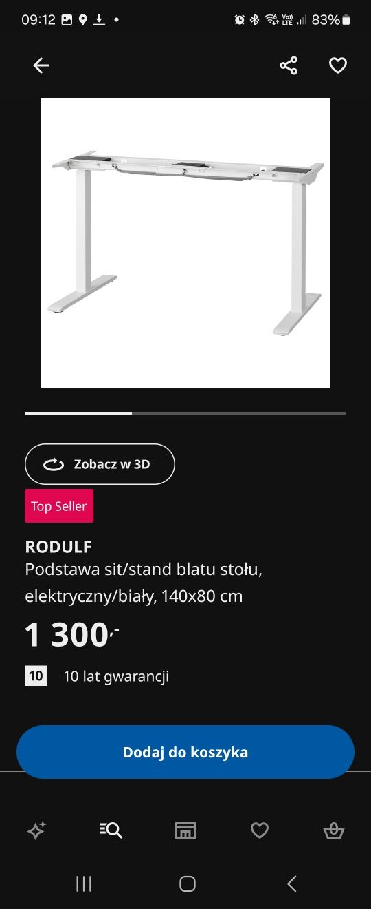 Biurko elektryczne Ikea podnoszone, stelaż Rodulf, blat Uppspel 180x80