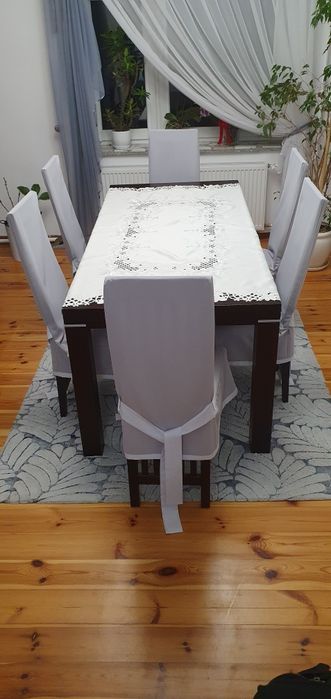 Krzesła 6 sztuk z pełnego drewna z pokrowcami, krzesło brązowe