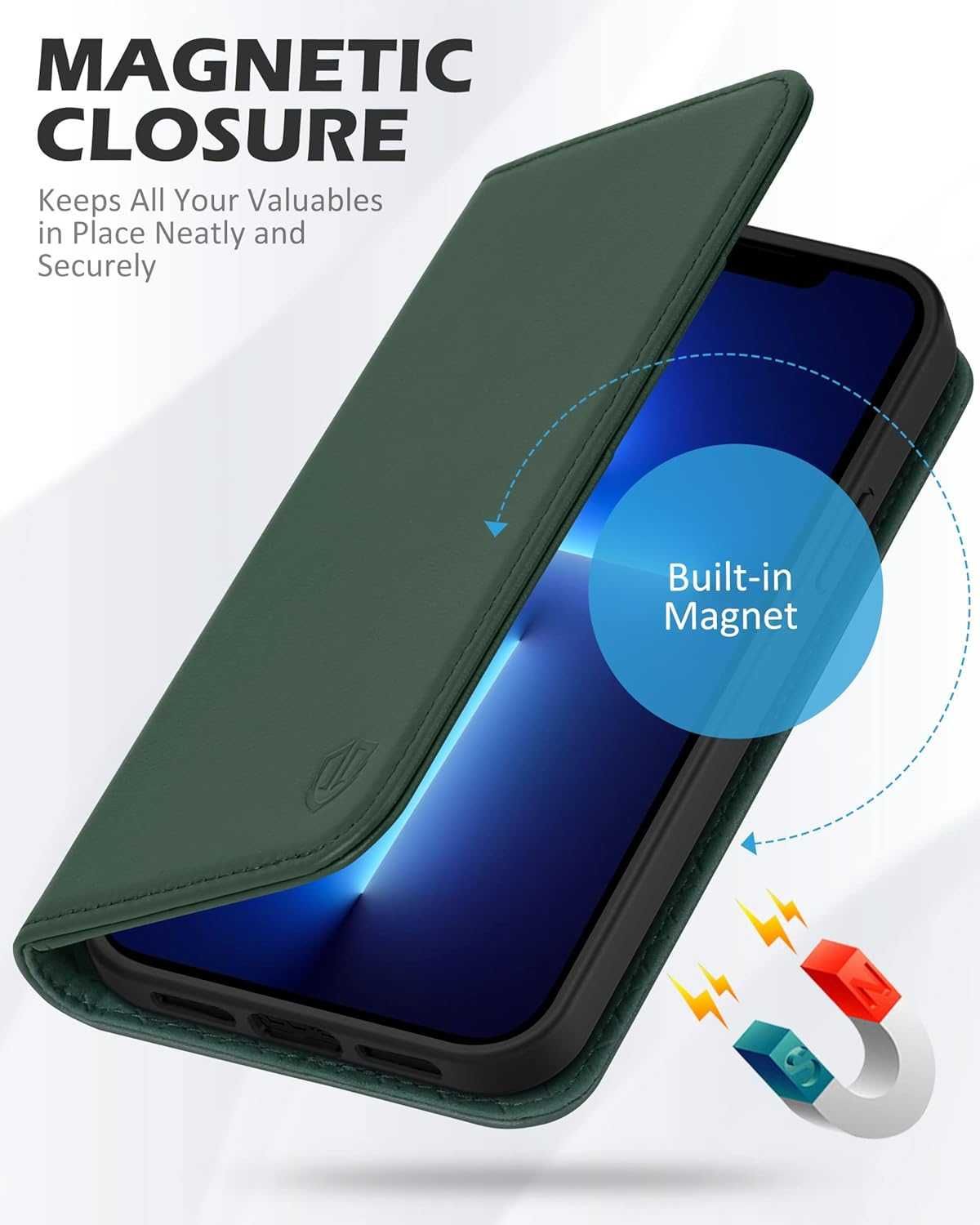 Etui na iPhone 13 SHIELDON Skórzane 2w1 z Portfelem Północna Zieleń
