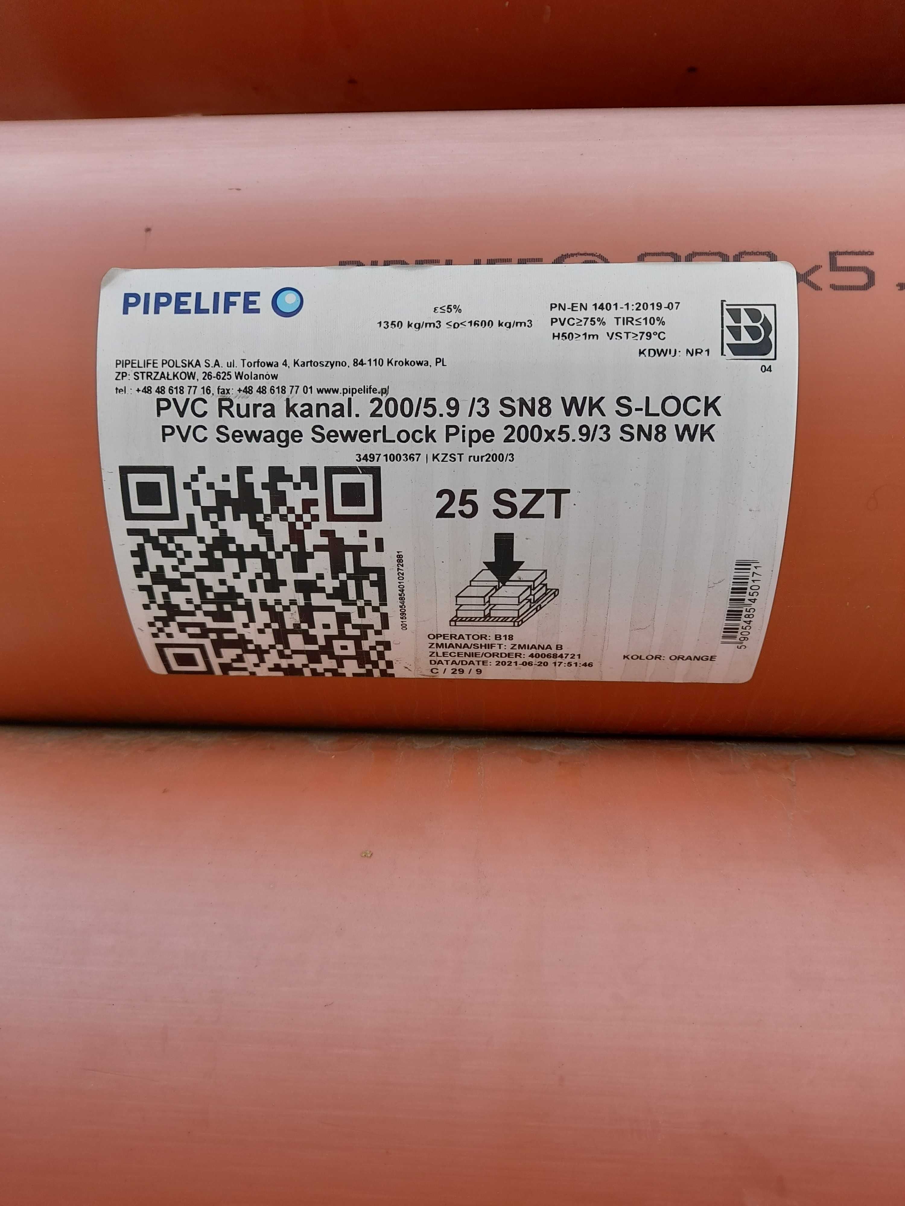 Rury PVC fi 200/5.9/3 SN8 z uszczelkami