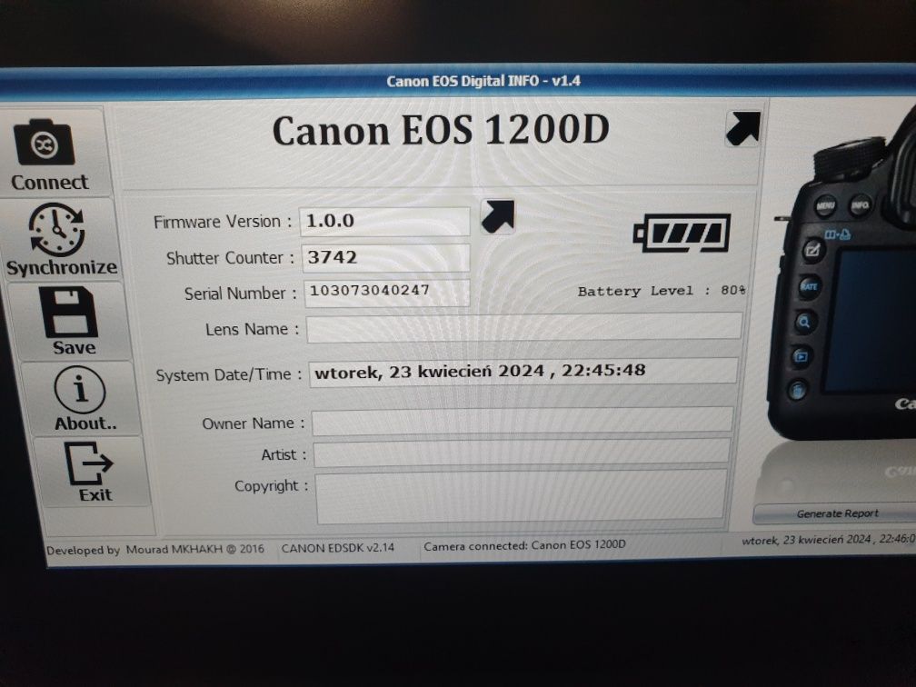 Canon EOS 1200D + obiektyw 18-55, przebieg 3800, zestaw