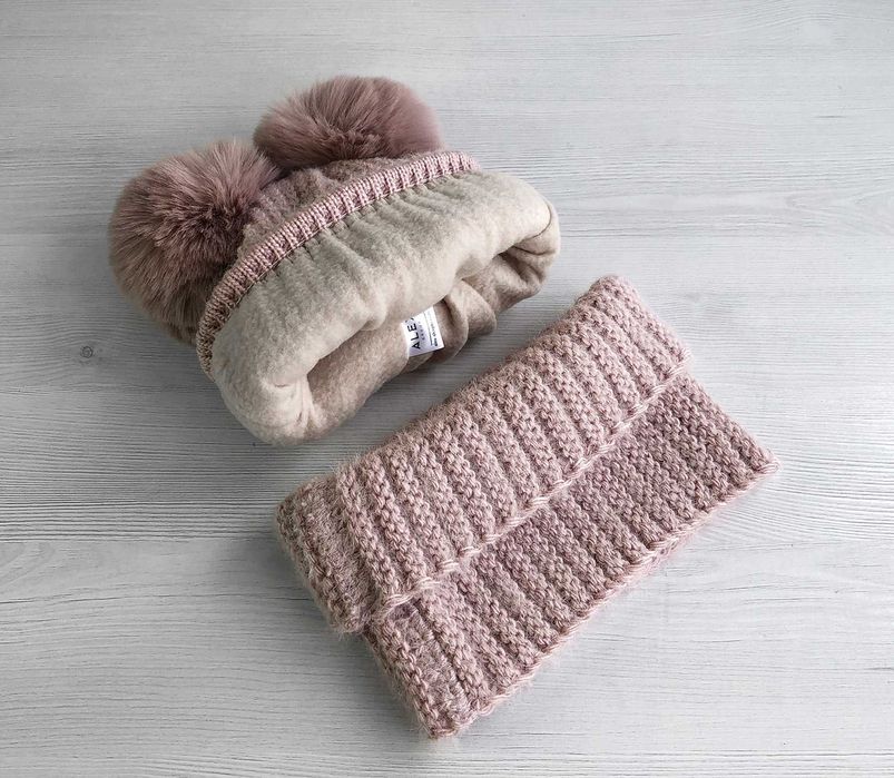 Зимний комплект для девочки 5 6 7 8 лет: теплая детская шапка и хомут