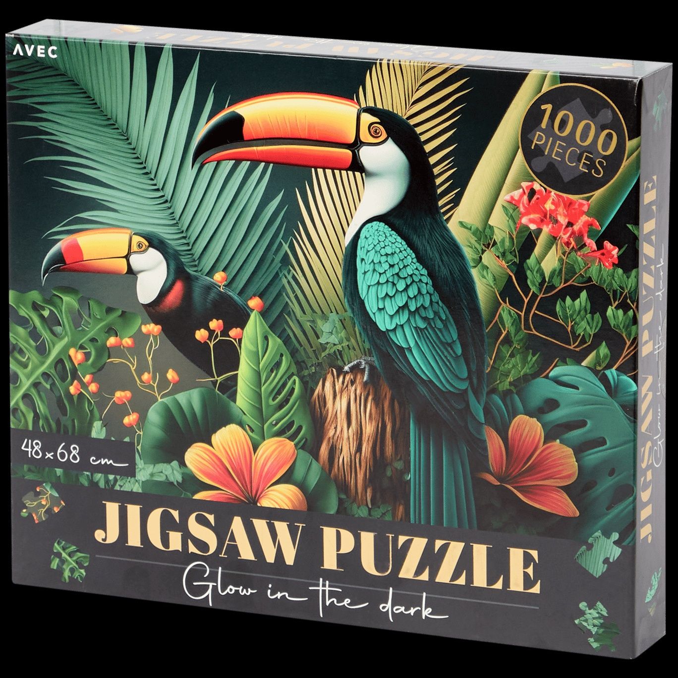 Puzzle Avec 1000 elementów świecące w ciemnosci motyw dżungli i papug