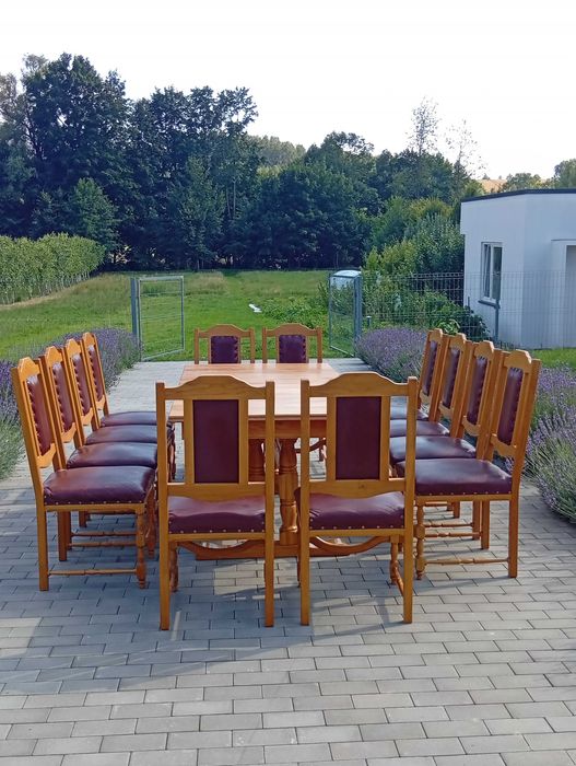 Zestaw do jadalni, salonu stół+ 12 krzeseł lity dąb, skóra naturalna