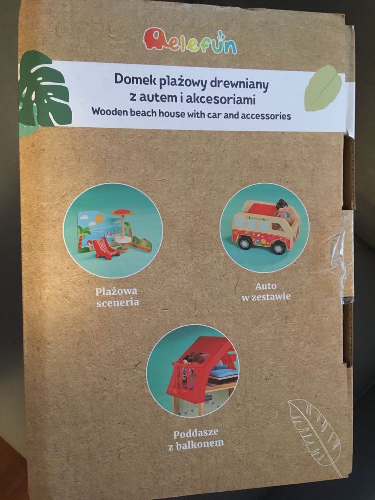 Nowy drewniany domek plażowy z autkiem i akcesoriami elefun na prezent