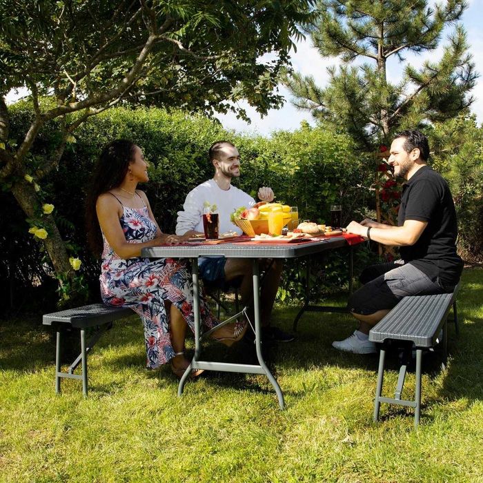 Stół Cateringowy Składany + 2 Ławki ZESTAW Bankietowy Ogrodowy RATTAN