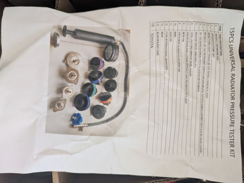 Conjunto universal teste pressão radiador e fugas