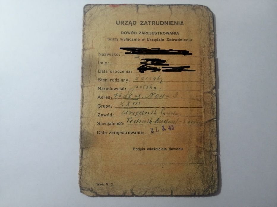 Karta zatrudnienia Urząd Zatrudnienia Łódź 1945 rok