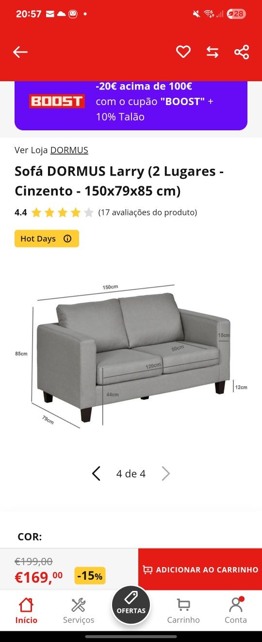 Sofá Sofa DORMUS Larry (2 Lugares - Cinzento - 150x79x85 cm)