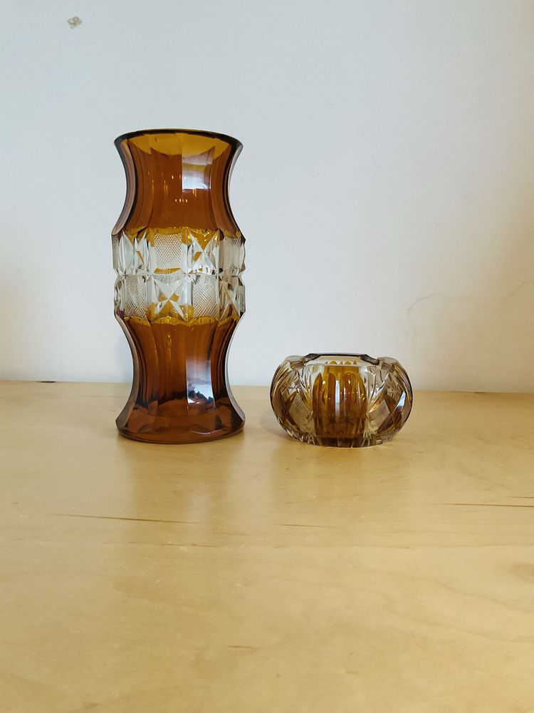 Kryształowy komplet w stylu art deco - wazon i popielniczka