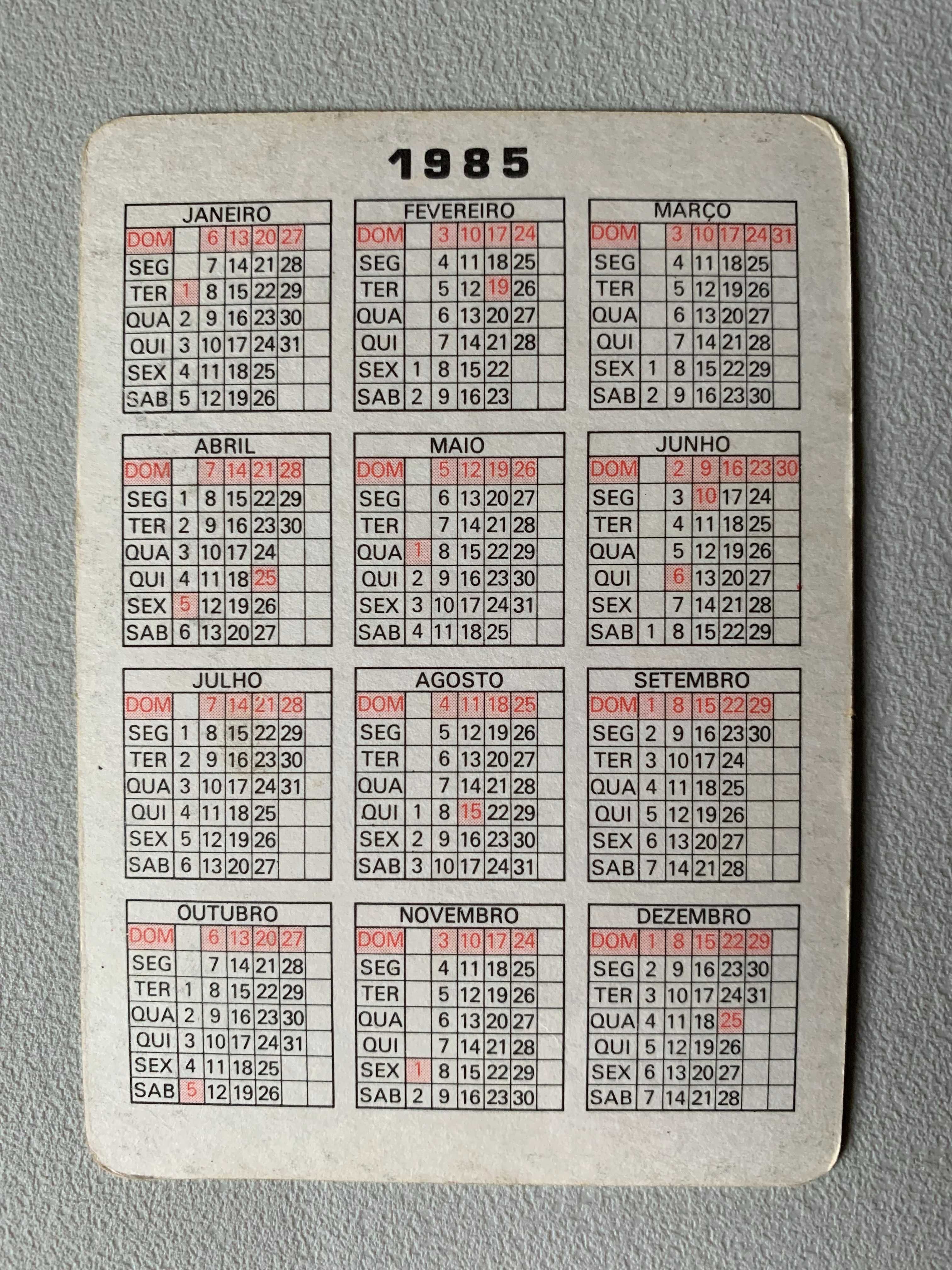 Calendários de 1985 - Notas Portuguesas (preço unitário)