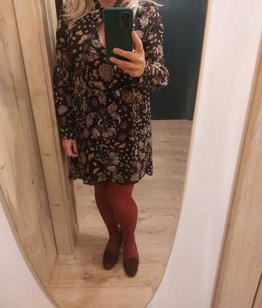 brązowa sukienka kwiaty Zara falbany luźna jesień autumn lato