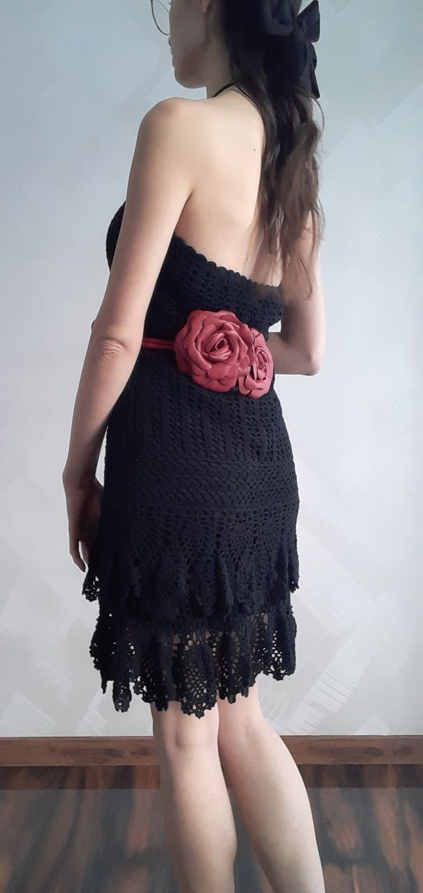 Knited lace Black dress Dzianinowa czarna sukienka z wiązaniem