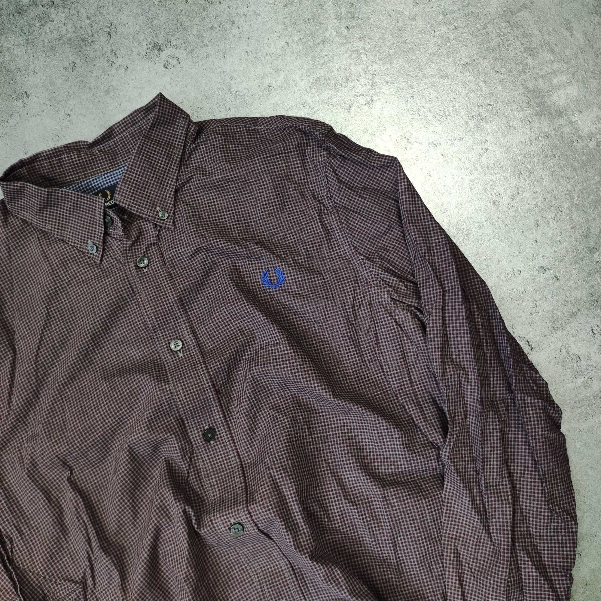 MĘSKA Elegancka Koszula Kratka Bordowa PREMIUM Fred Perry Klasyk Haft