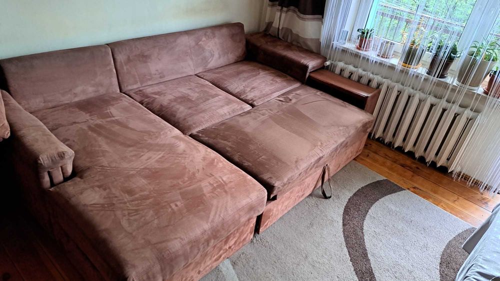 Kanapa narożna z funkcją spania, łóżko duże, sofa z barkiem wysuwanym