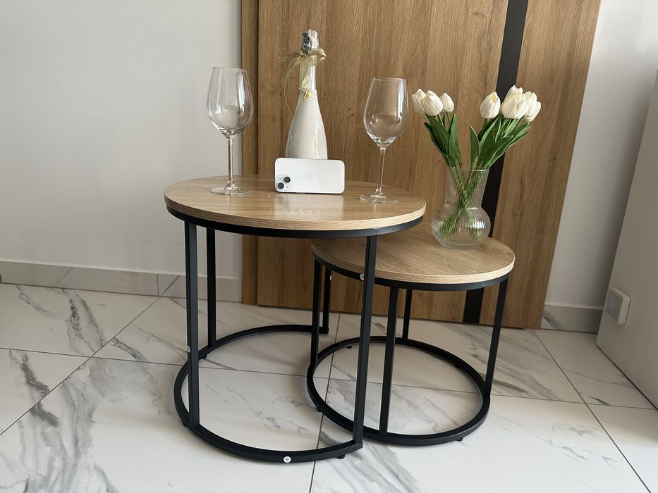 Nowy Stolik Kawowy Okrągły Podwójny Loft 2 Sztuki Industrialny Salonu