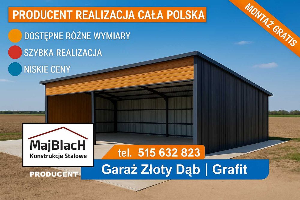 GRAFIT + ZŁOTY DĄB WIATA/Garaż Blaszany/Zadaszenie/Hala  - Maj-Blach