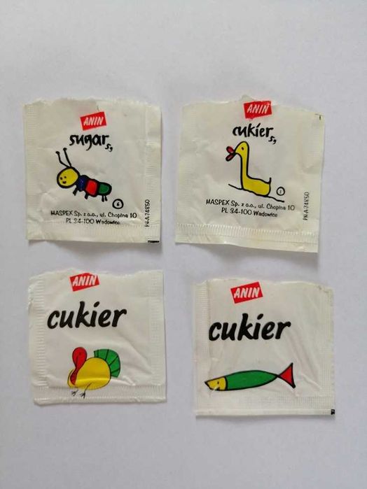 Opakowania po cukrze marki Anin. Bardzo duża kolekcja z rysunkami.