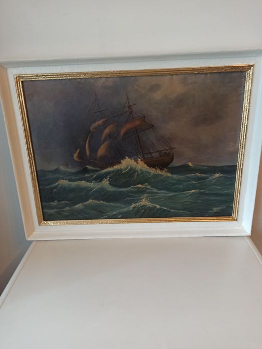 Piękny Stary obraz Żaglowiec,fregata na morzu