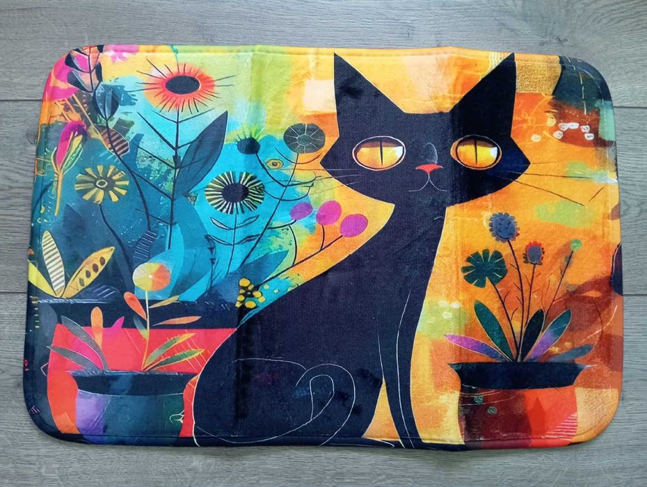 Kolorowy dywanik łazienkowy z czarnym kotem