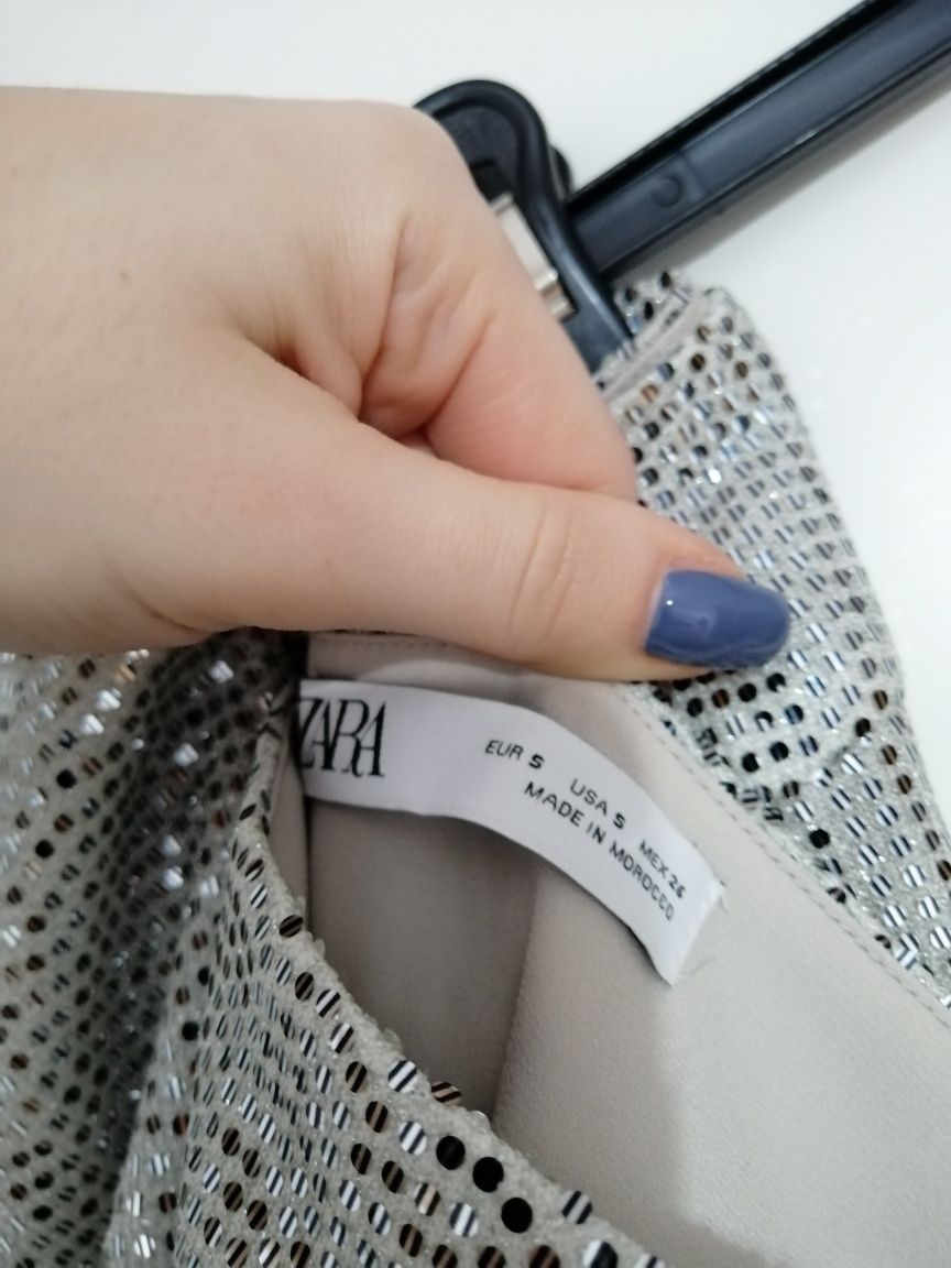 Damski srebrny błyszczący garnitur, marynarka spodnie Zara