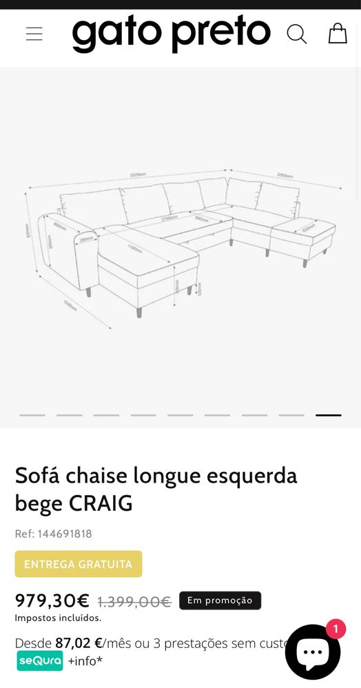 Sofá Gato Preto com chaise longue e arrumação
