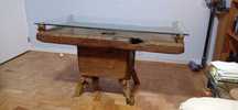 Mesa tronco de madeira com tampo de vidro