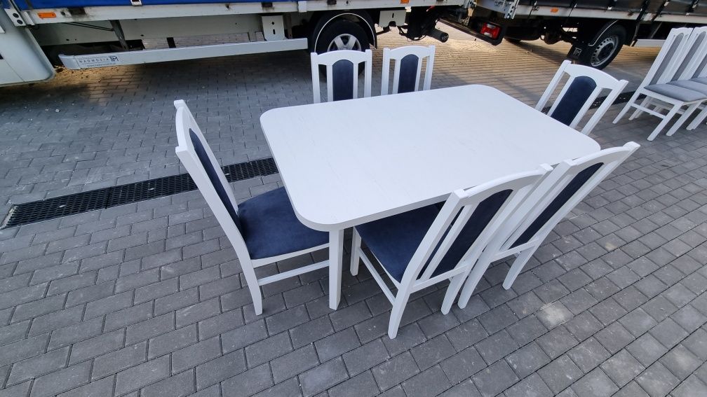 Stół 80x140/180 + 6 krzeseł, biały+metaliczny granatowy, dostawa PL