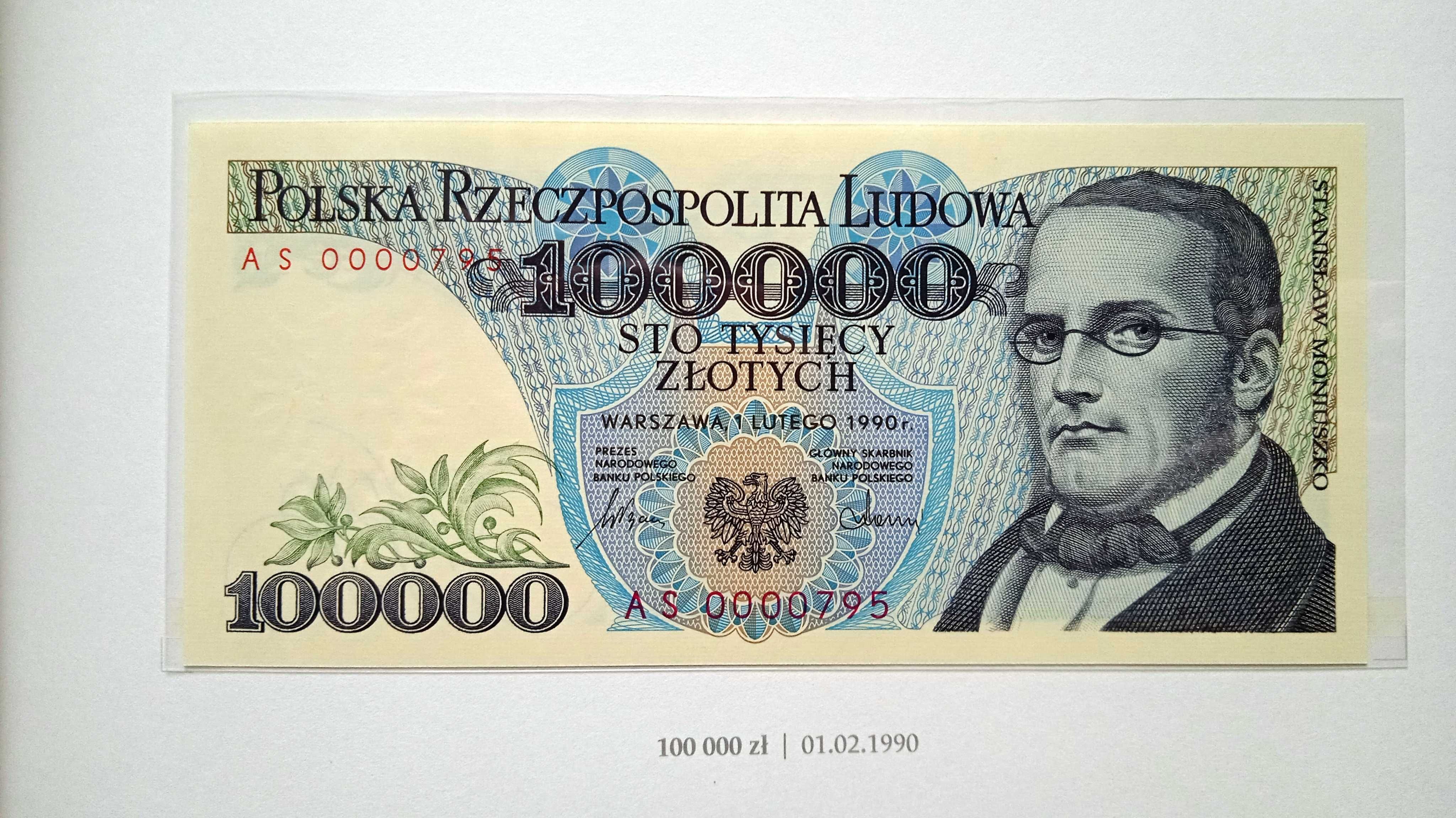 Banknot PRL 100000 zł 1990  AS  st.1 UNC   niski numer