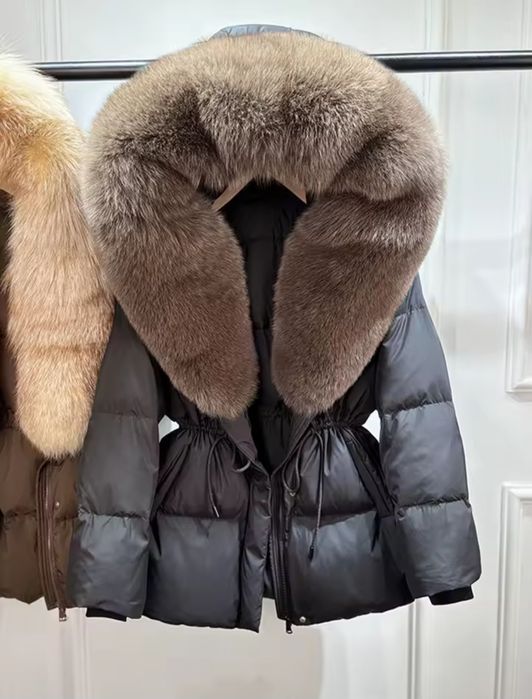 Płaszcz damski ocieplany kurtka z kapturem futro naturalne lis rozmiar