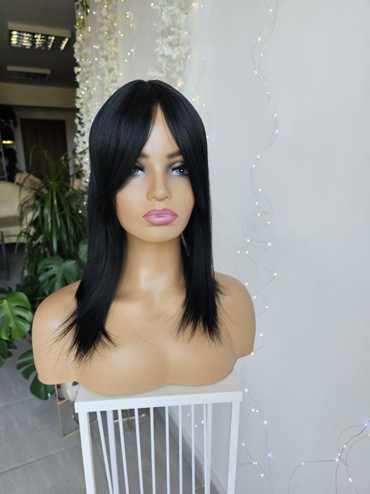 Nowość tupet Nel czarny naturalny efekt topper 42 cm duża baza