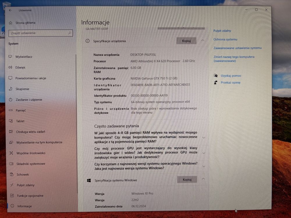 Komputer biurowy z Windows 10Pro + Monitor, mysz, klawiatura