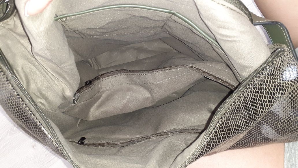 Damska duża torebka shopperka khaki butelkowa zieleń brązowa srebrna