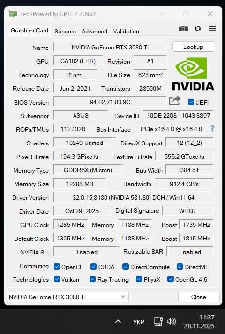 Відеокарта RTX 3080 Ti ASUS ROG STRIX OC