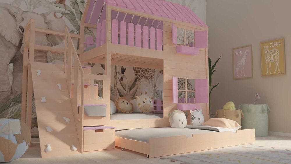 Łóżko piętrowe domek ze schodami i ścianką wspinaczkową