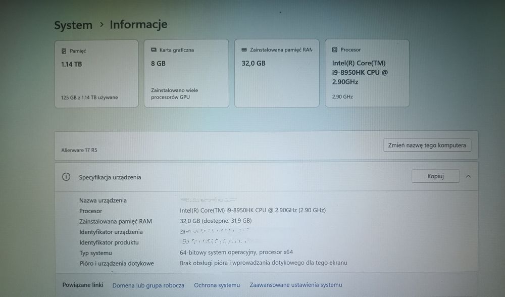 Laptop Dell Alienware 17 " R5 Intel Core i9 32 GB / 1T + torba gratis