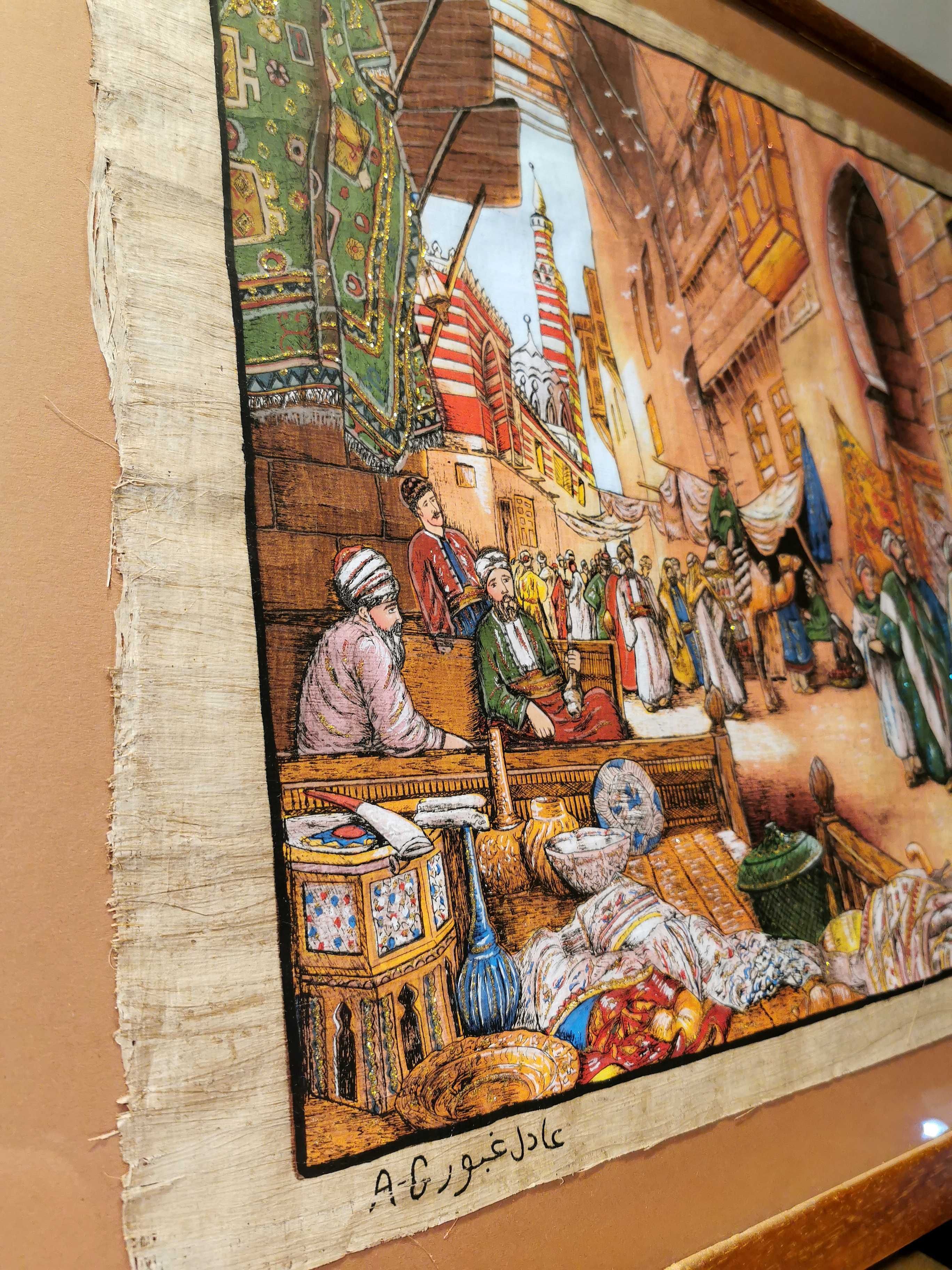 Obraz na papirusie - piękna scena handlu na rynku arabskim.