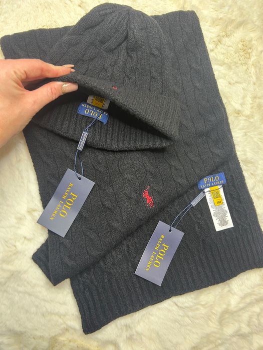 Komplet damski męskie unisex czarny czapka szalik Ralph Lauren