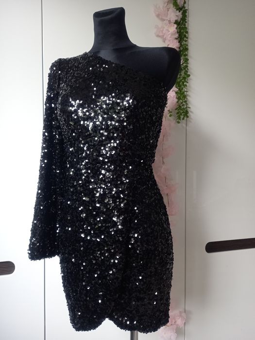 Sukienka Mini mała czarna cekiny Made in Italy 34, 36, XXS, XS bal wes