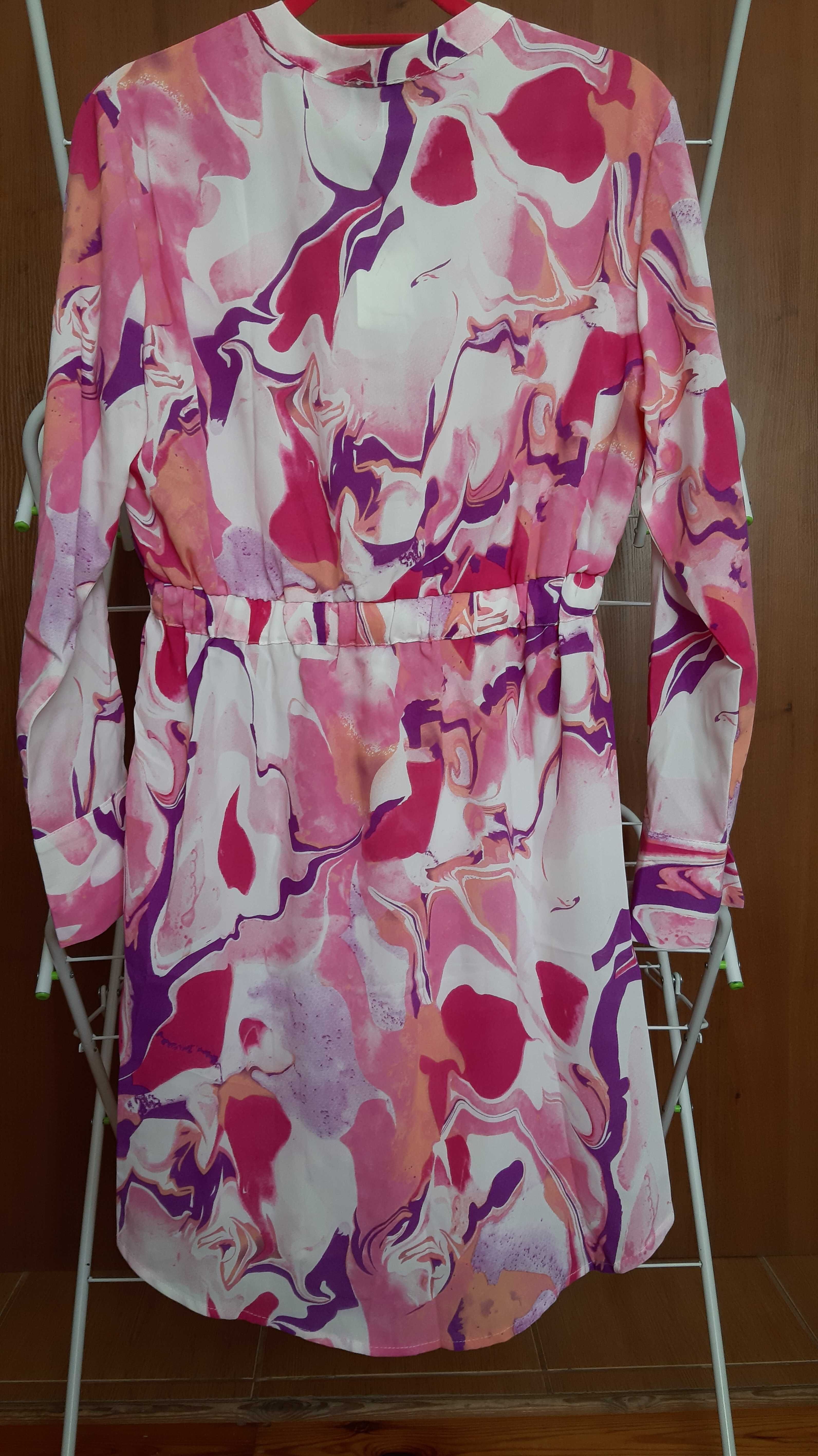 Kolorowa sukienka różowo-fioletowa szmizjerka, L, nowa