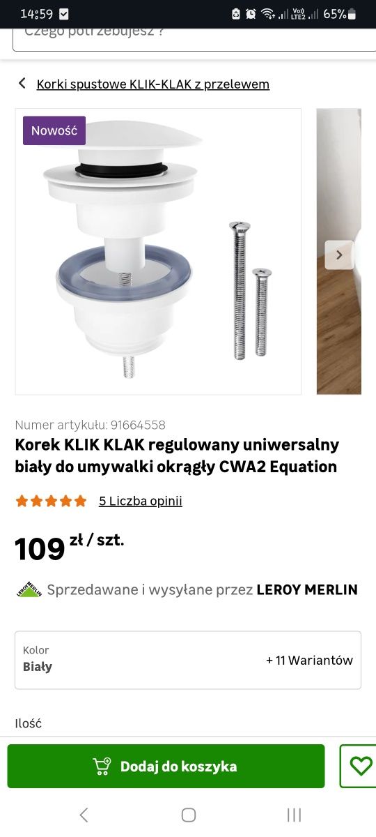 Korek spustowych klik-klak biały uniwersalny Equation Leroy Merlin