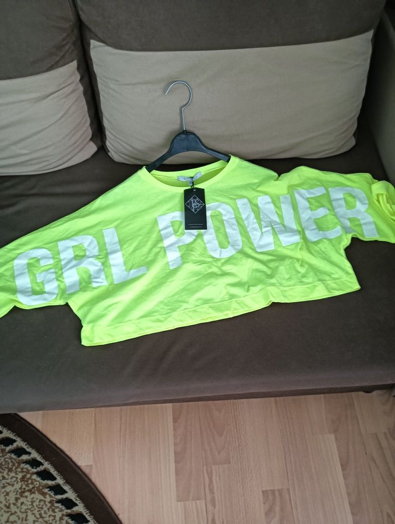 Top  letni Crop z bawełny oversize -żółty neon z napisem Girl Power XS